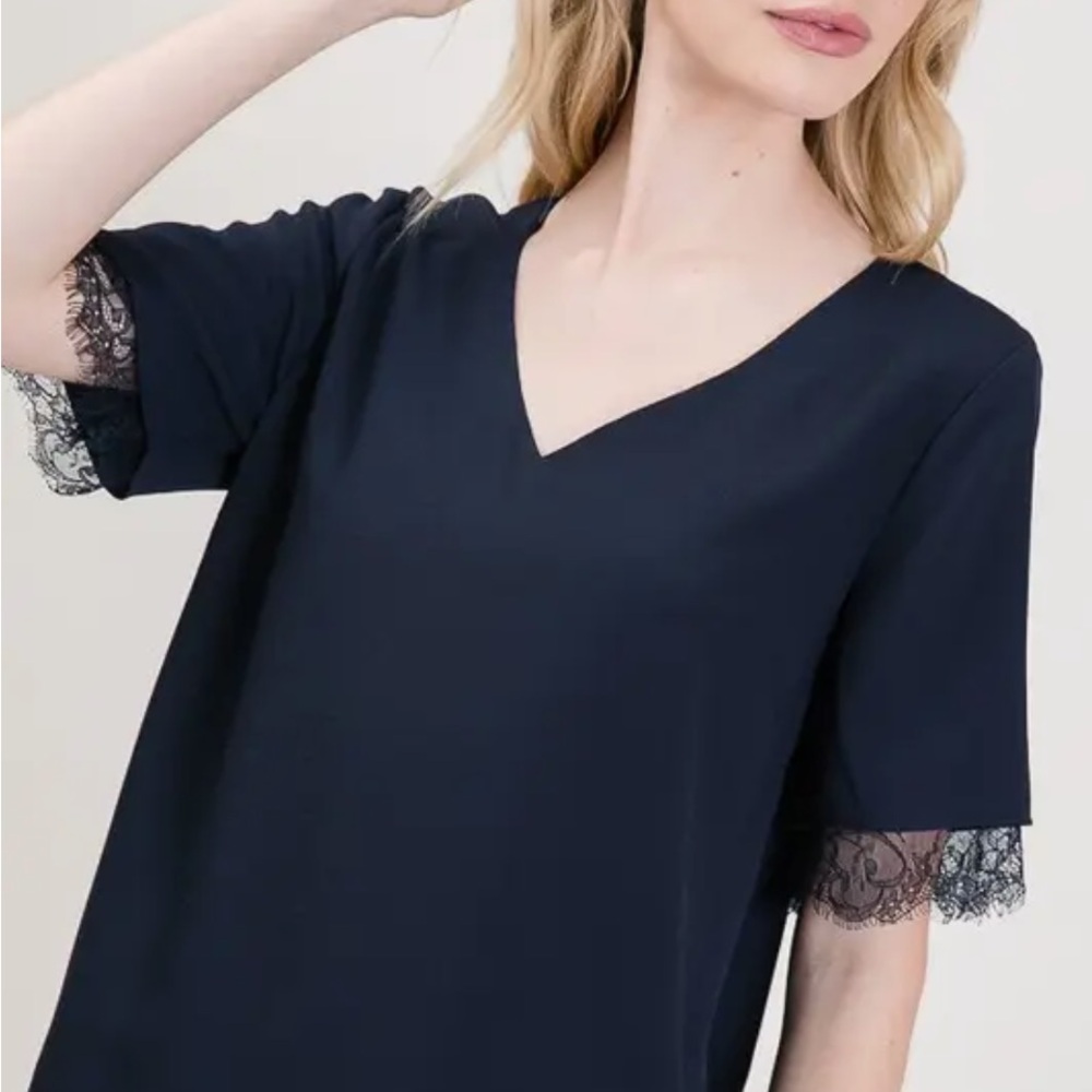 1118.  Navy Blue Lace Trim Top - Picture 3 of 5